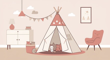 Fototapeta premium A cozy interior scene featuring a children's tent, decor, and soft color palette