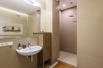 Modern bathroom with beige tile walls, a white sink, and a walk-in shower. A mirror reflects artwork above the sink