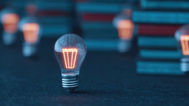Innovative e-library holographic icons surrounding glowing light bulb in digital space