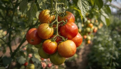 Multiple types of tomatoes maturing on a stem inside a controlled environment.