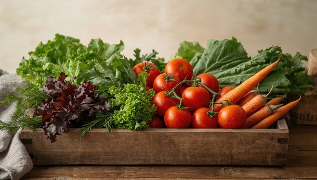 Assortment of fresh uncooked veggies displayed on a wooden platter against a bright backdrop
