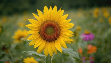 Fototapeta premium A radiant sunflower towers in a meadow, displaying vivid yellow petals and a deep brown core. Nearby blossoms enhance the warm summer atmosphere, emphasizing the splendor of nature.