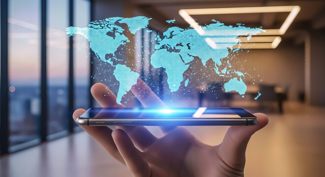 A hand holding a smartphone displaying a glowing blue digital world map hologram, symbolizing global connectivity and technology in a modern office setting