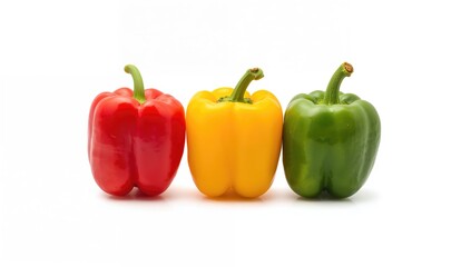 Three colorful sweet peppers in red, yellow, and green isolated on a white surface, close-up, fresh vegetables for cooking and seasonal meals
