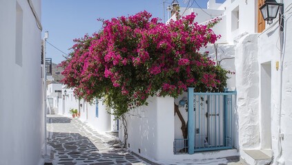 Charming narrow lane lined with white houses and vibrant bougainvillea blossoms in a quaint village