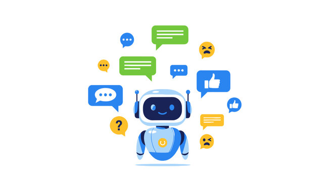 A friendly robot surrounded by speech bubbles with emojis and icons
