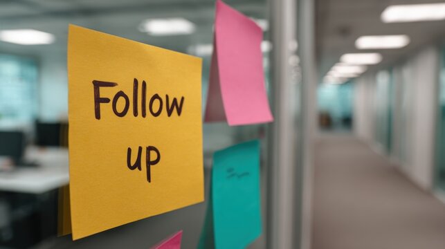 Follow up action on sticky note displayed on glass wall in modern office environment