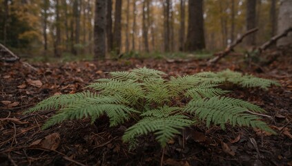 Close-up of brown fern leaves in an autumn woodland setting