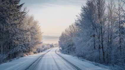 Obraz premium Winter scene with a road and trees blanketed in snow