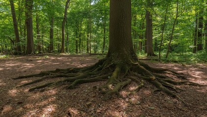 Fototapeta premium Massive tree roots spreading across a park setting with lush greenery and a cool, shaded vibe in the summertime.