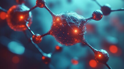 Complex molecule network, glowing red/blue