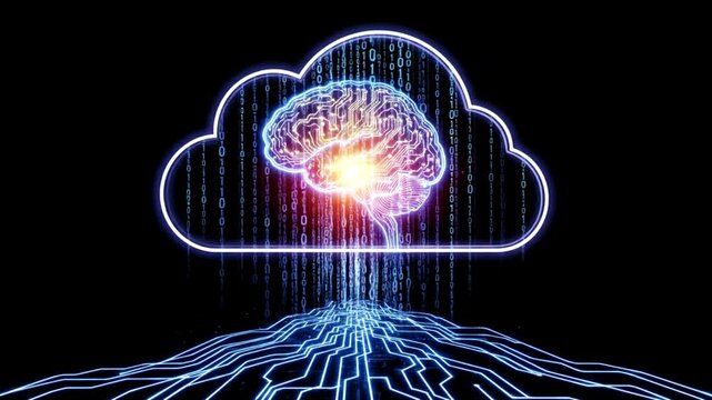 &ldquo;Digital brain inside cloud with binary code and network connections, artificial intelligence and cloud computing concept, technology and data network idea, generative AI
