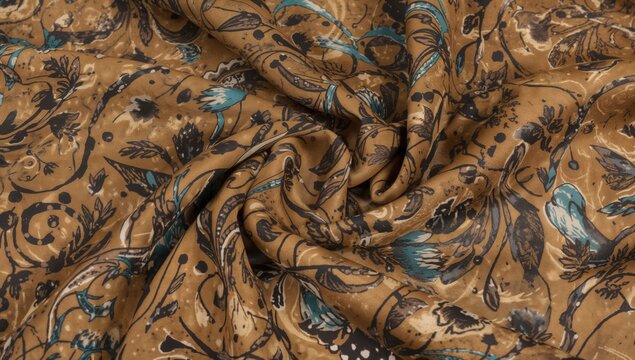 Brown mustard textile with a modern abstract pattern. An energetic fusion of various styles, hues, and motifs creates this stylish and adaptable silk fabric.