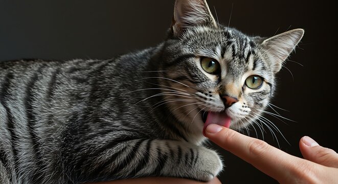 A close-up shot of a striped tabby cat licking a human finger. Dark backdrop