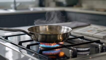 Gas stove cooking with a stainless steel pan, European gas prices discussed