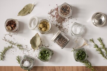 Fototapeta premium Assorted spices in tiny containers spread out on a white surface including sea salt, bay leaves, pepper, and various herbs.