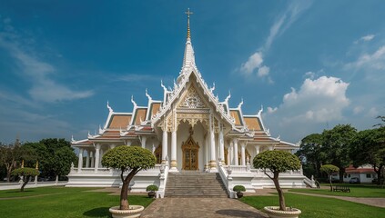 Fototapeta premium The famous White Temple showcasing traditional Thai religious architecture and national heritage.