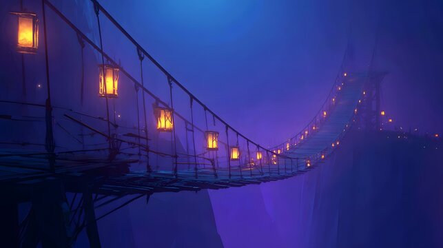Fototapeta Illuminated rope bridge spans a dark, foggy chasm under a deep blue twilight sky