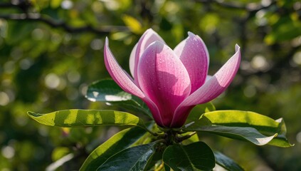 Fototapeta premium Close-up of a blooming pink magnolia surrounded by lush green foliage in a sunny park during spring