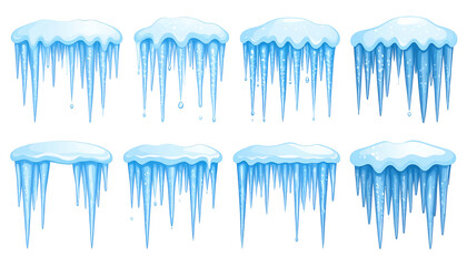 A collection of eight bright blue and white cartoon icicles, varied in size and shape, against a black background