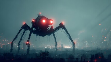 Naklejka premium Colossal mechanical arachnid looms over a sprawling urban landscape shrouded in mist