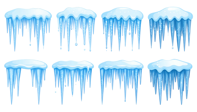 A collection of eight bright blue and white cartoon icicles, varied in size and shape, against a black background