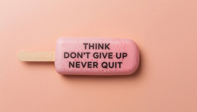 Ice cream stick featuring inspirational phrases: Stay hopeful, Keep pushing, Never surrender. Encouraging sayings, positive mindset, motivational language. On a plain backdrop