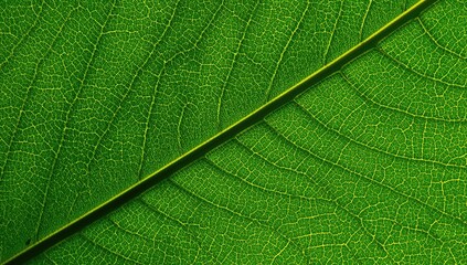 Obraz premium Intense detailed view of leaf vein patterns illuminated by morning light with natural greenery background