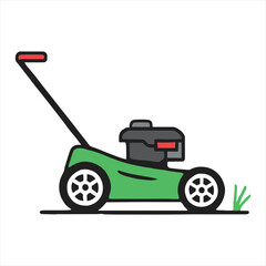 Green push lawn mower with red handle cutting grass on a white background
