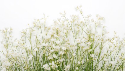 White floral bloom with fresh green grass on a clean white backdrop. Fresh bouquet of white blossoms. Overhead perspective. Background image.