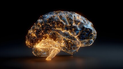 Illuminated digital neural network structure displays complex cognitive activity against a dark background