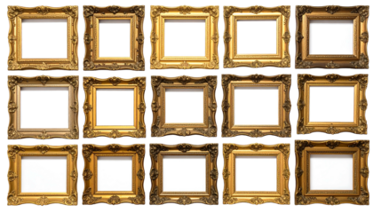 A collection of fifteen ornate gold frames, each enclosing a blank white square, tiled in a grid formation