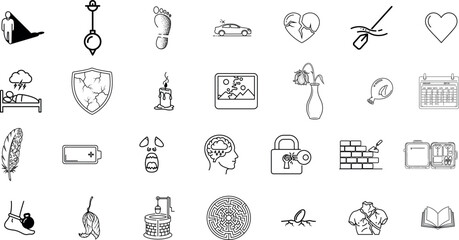 Collection of hand drawn sketch icons representing various concepts and objects in a grid layout