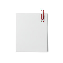 A white sheet of paper held by a red paperclip, isolated on white background