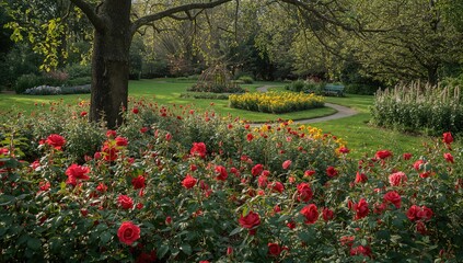 Crimson blooms amidst garden greenery