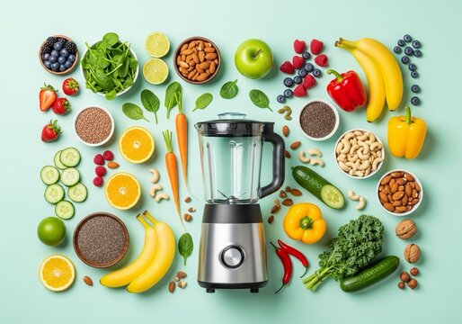 Create vibrant, healthy smoothies and vibrant juices with fresh fruits, vegetables, nuts, and seeds surrounding a modern blender for ultimate wellness and nutrition.