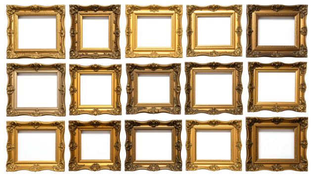 A collection of fifteen ornate gold frames, each enclosing a blank white square, tiled in a grid formation