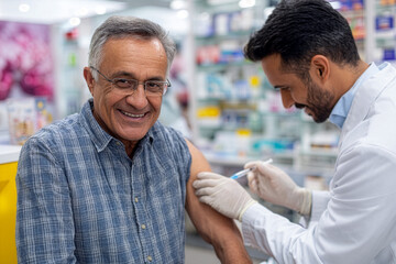 Pharmacy vaccination service - Hispanic senior receiving flu shot from pharmacist at community pharmacy