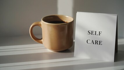 Self care card with brown mug of black coffee