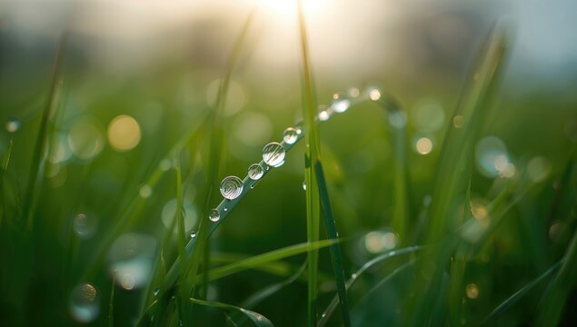 Round Water Droplets on Lush Green Blades of Grass. Close-Up Photography with Blurred Backdrop