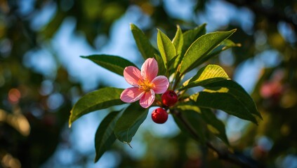 Obraz premium Acerola fruit with blossom and soft-focus backdrop, Barbados Cherry, West Indian Cherry, Wild Crapemyrtle