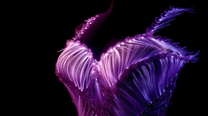Glowing strands of magenta and violet light form an abstract, illuminated garment shape against darkness