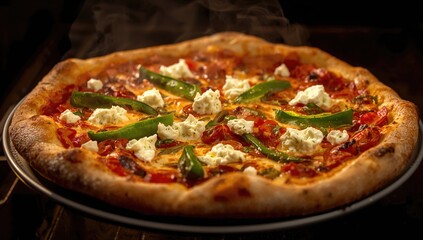 Freshly baked pizza topped with green bell peppers, gorgonzola cheese, and paio - a delicious culinary creation.