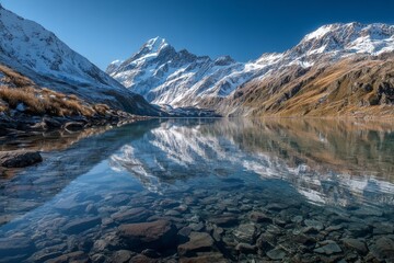 Obraz premium Majestic snow-capped mountain reflections in serene alpine lake landscape