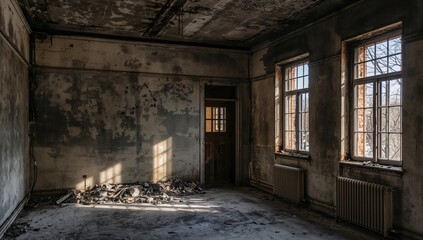 Fototapeta premium Ruined home left desolate by disaster and tremor. Structure damaged by conflict and assault. Grimy and dusty facade with openings. Desktop background. Snow remnants on the surface abstract, vintage