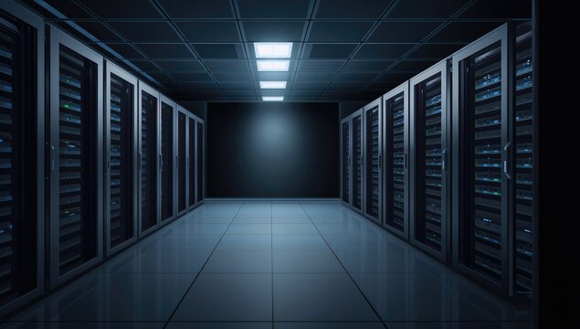 Graphic of a dimly lit data center featuring metallic shelves and numerous server units, themed around hosting.