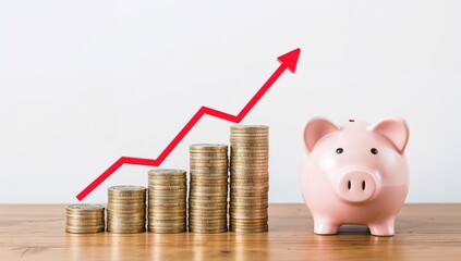Ascending red graph on stacked coins with a miniature house and piggy bank on wooden surface against a white backdrop. Theme of financial planning for loans, education, insurance, and retirement.