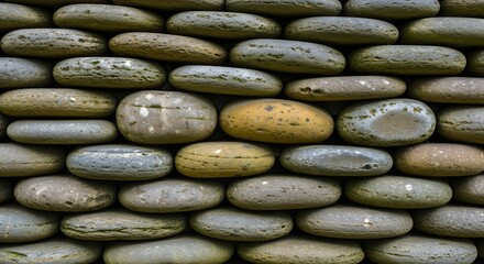 A textured wall made of rounded river stones and pebbles