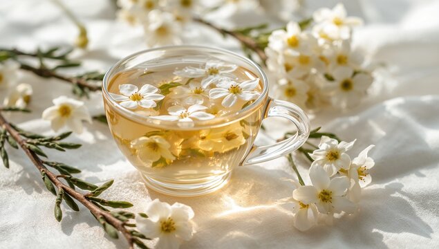 Transparent cup filled with herbal jasmine tea accompanied by jasmine blossoms, a natural and healthy beverage