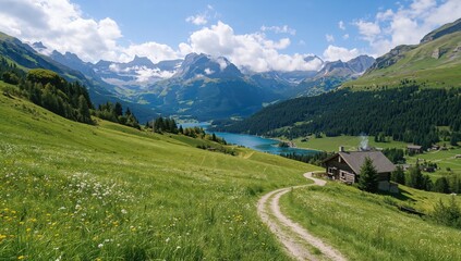 Scenic mountain landscape with vibrant green slopes in summer
